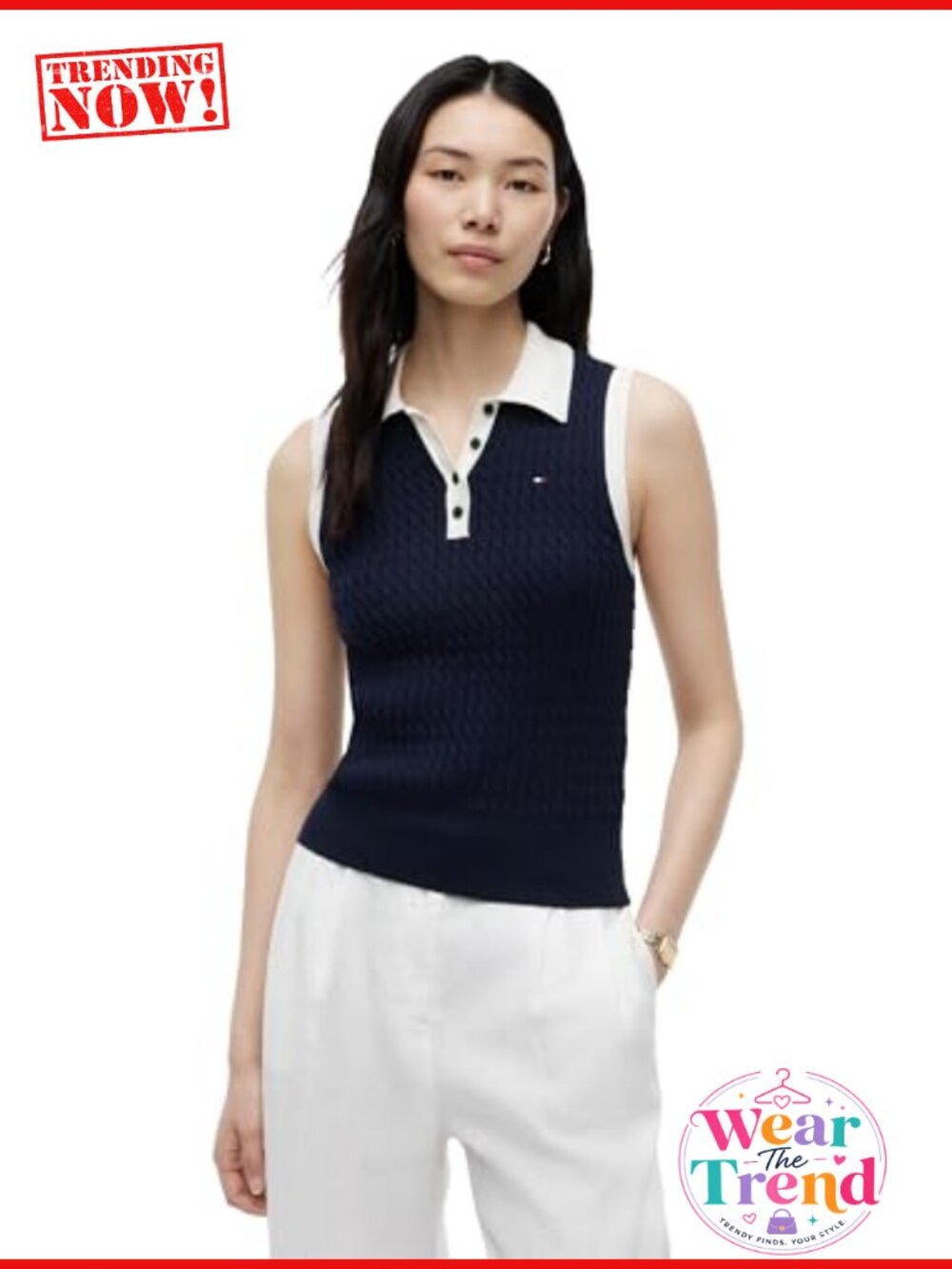Sleeveless Cotton Cable Knit Polo Shirt Button Down Collared